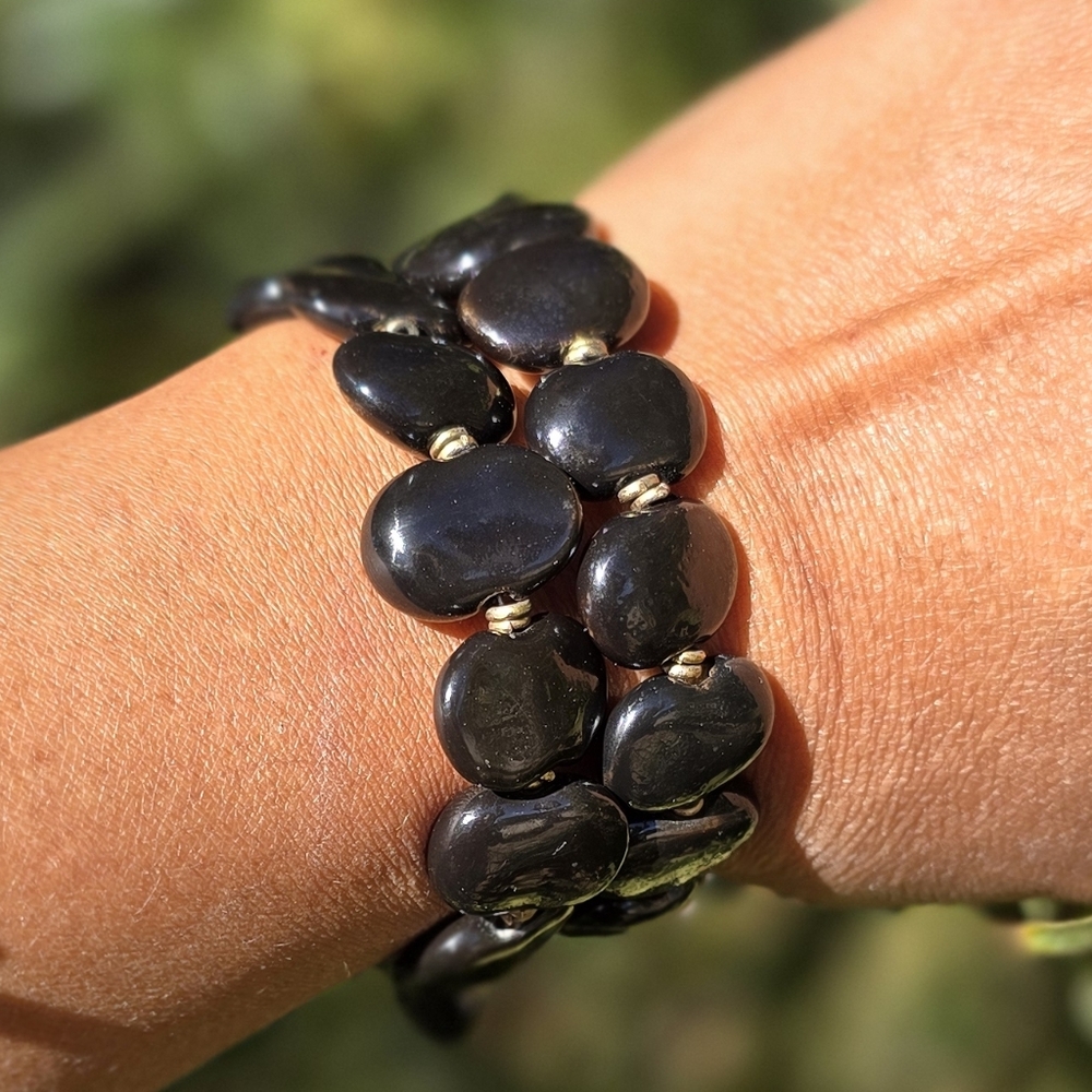 Vintage tumbled jet spring adjustable bracelet chunky grounding reiki
